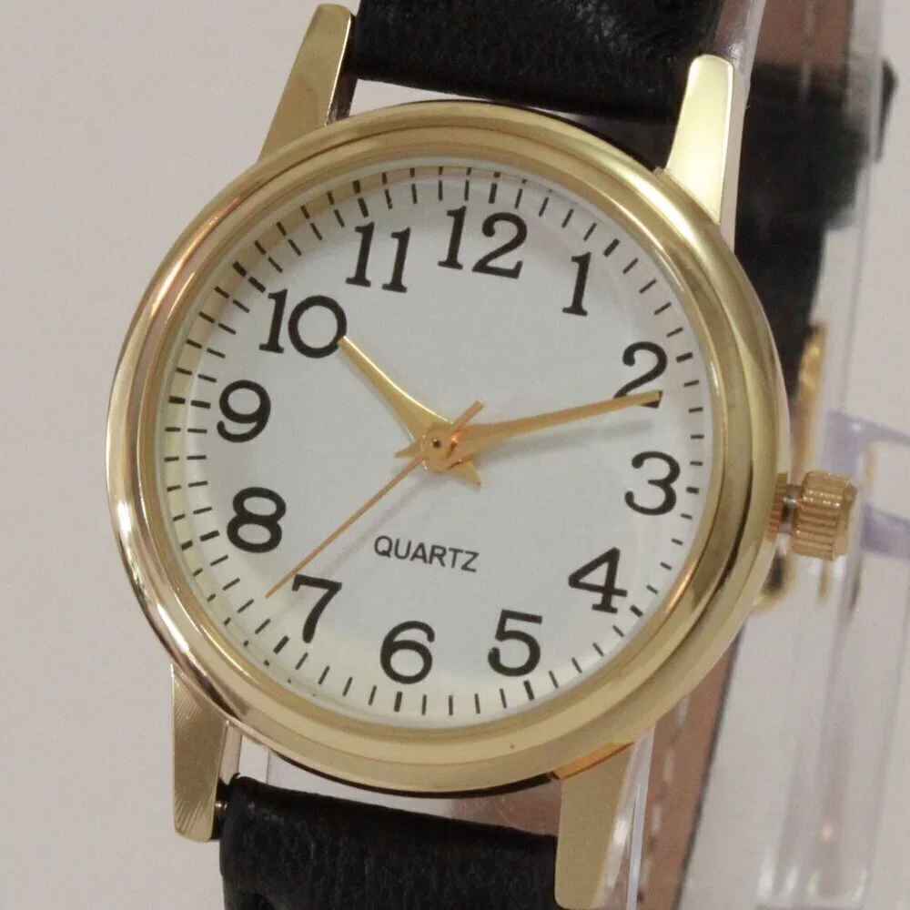 Ladies Easy Reader Dress Quartz Watch Gold-toned Black Strap White Dial 28mm